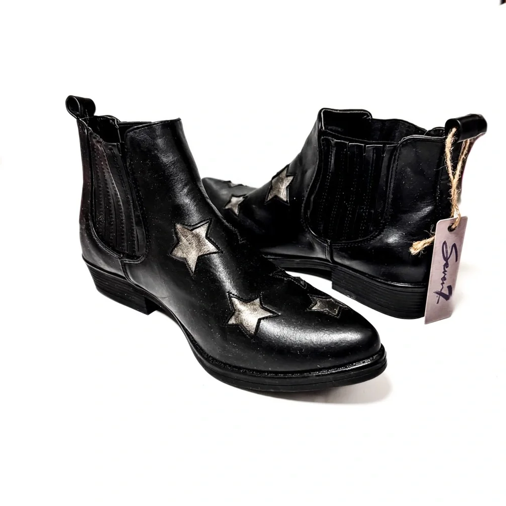 NEW - Western Style Chelsea Metallics Star-Embellished Black Ankle Boots Booties - Picture 1 of 5